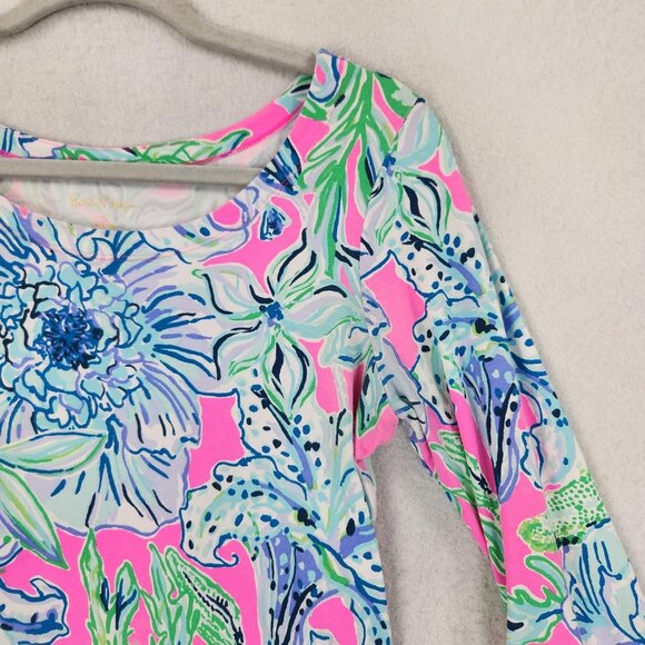 Lilly Pulitzer Dress Women Small Blue Pink Floral Sophie Ruffle Shift 3/4 Sleeve - Picture 2 of 11